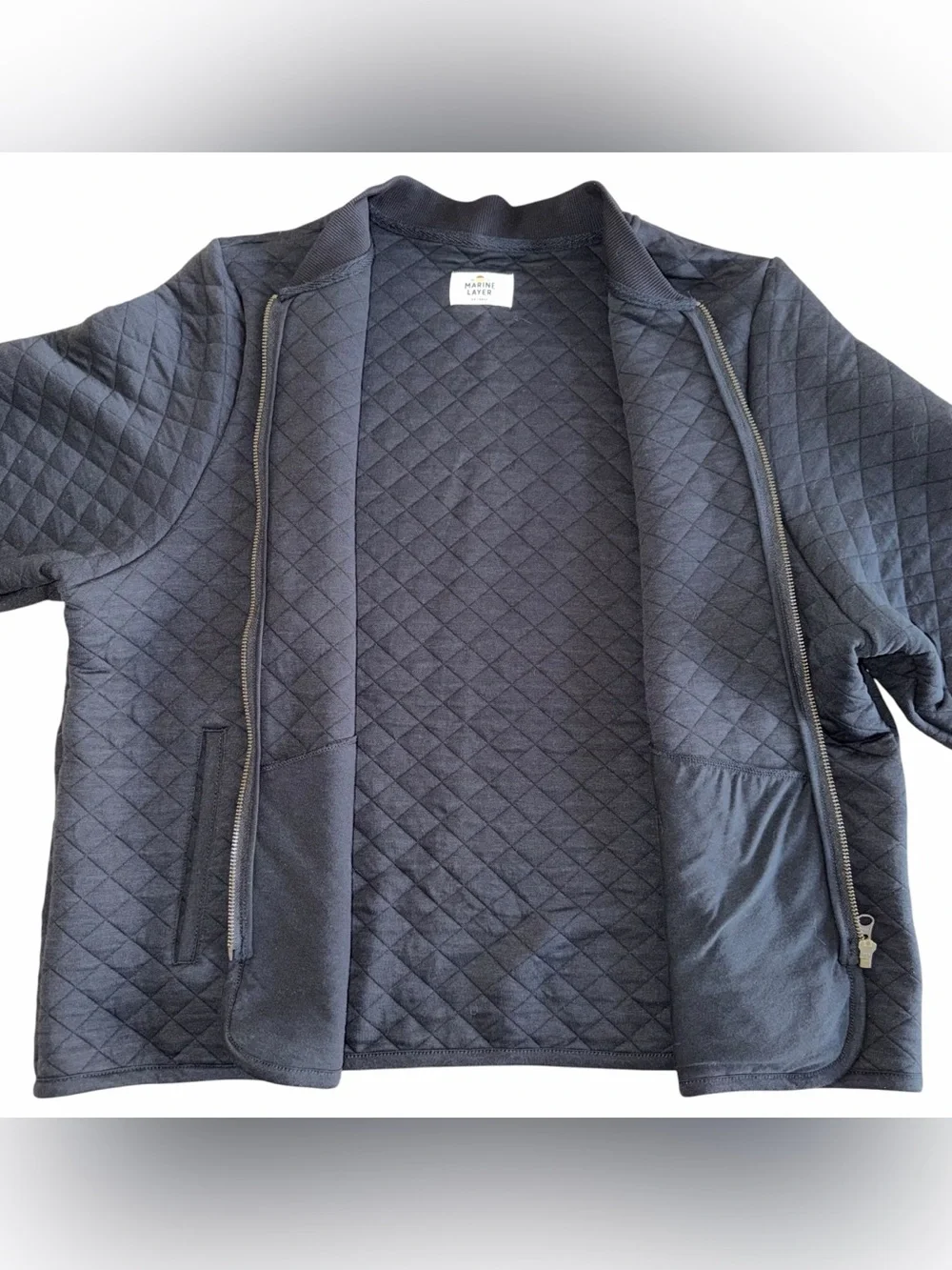 Marine Layer Men’s Corbet Quilted Bomber Jacket Black XXL Full Zip SageView Logo